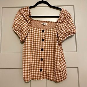 Gingham Jacquard Square-Neck Puff-Sleeve Top